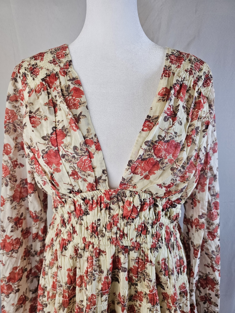 Free People Keep You Smocked Mini Dress Long Balloon Sleeve V Neck Size S - Picture 6 of 13
